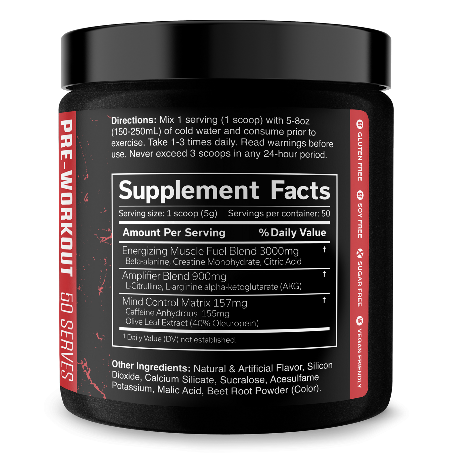 Pre-workout supplement jar, red Supplement Facts label and directions panel