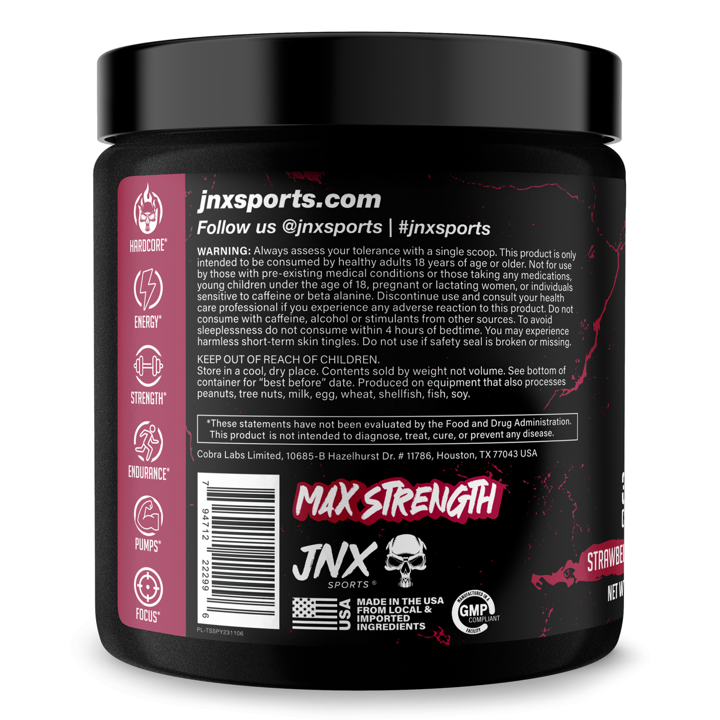 Pre-workout supplement tub with black lid and red back label panel with barcode