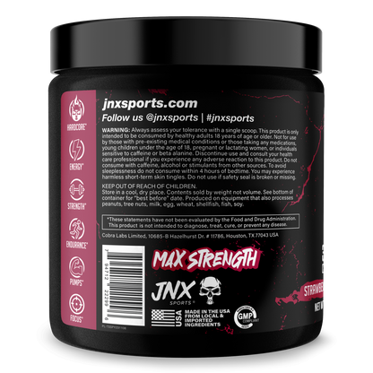 Pre-workout supplement tub with black lid and red back label panel with barcode