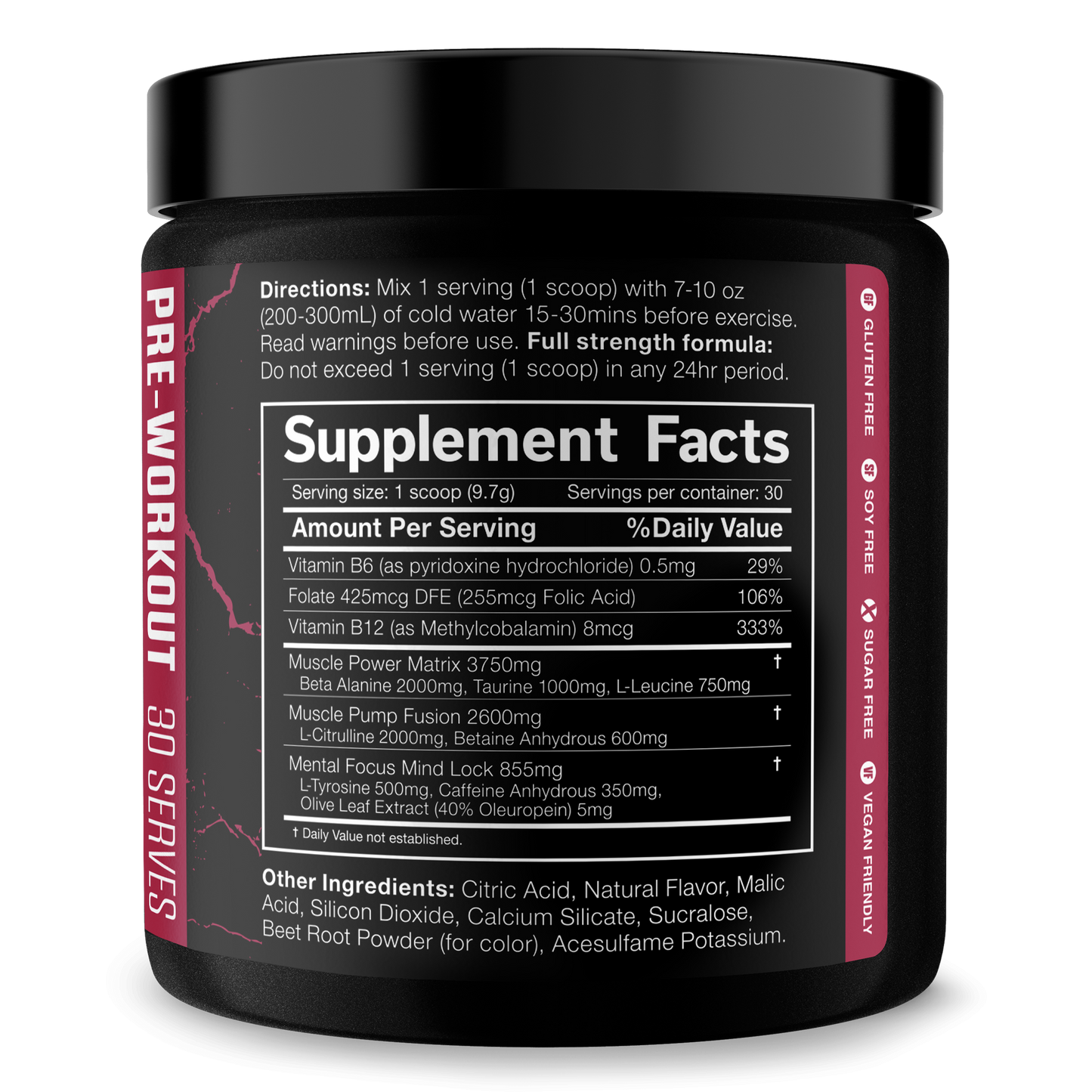 Pre-workout supplement tub with black lid and Supplement Facts label panel