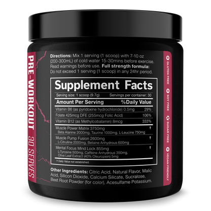 Pre-workout supplement tub with black lid and Supplement Facts label panel