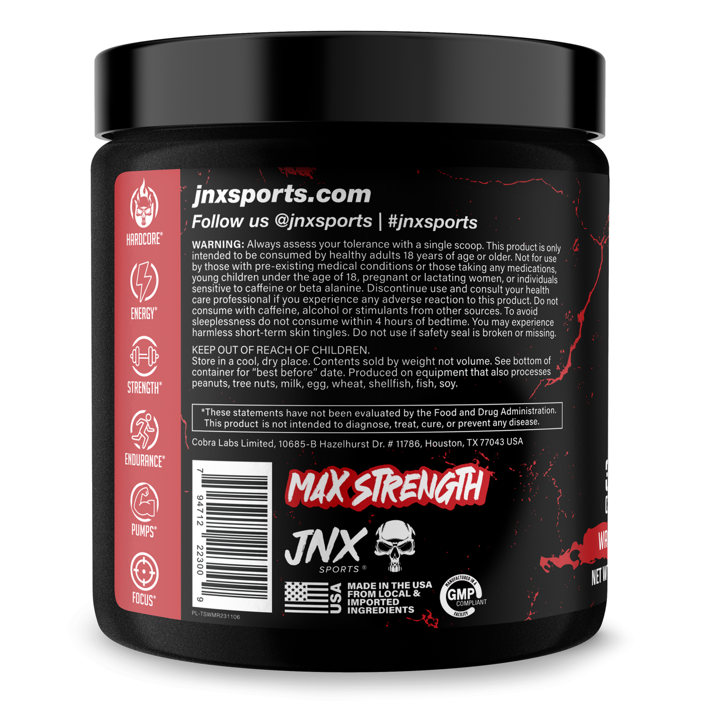 Pre-workout supplement tub with black lid and red back label panel with barcode