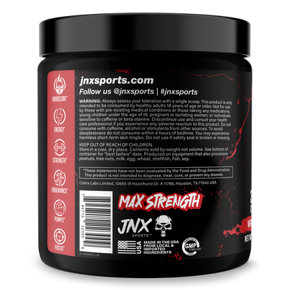 Pre-workout supplement tub with black lid and red back label panel with barcode