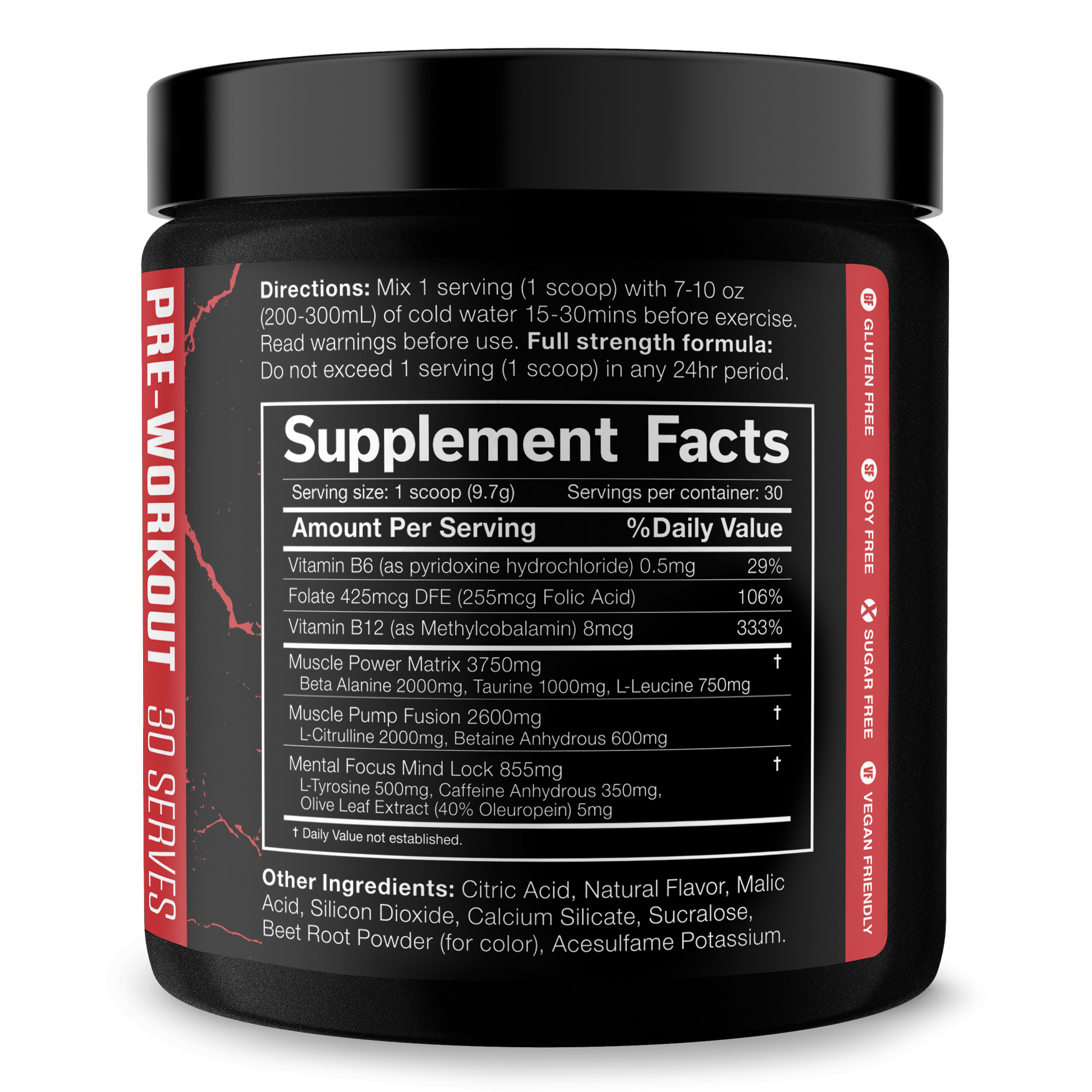 Pre-workout supplement tub with black lid and Supplement Facts nutrition label
