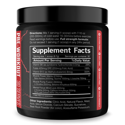 Pre-workout supplement tub with black lid and Supplement Facts nutrition label