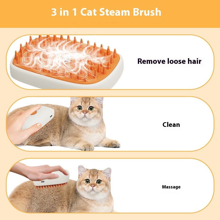 Cat grooming steam brush with orange bristles on a white base