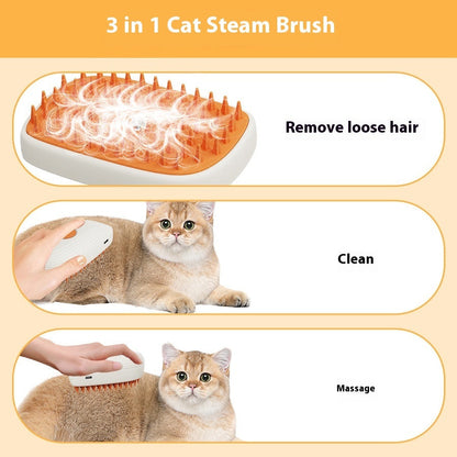 Cat grooming steam brush with orange bristles on a white base