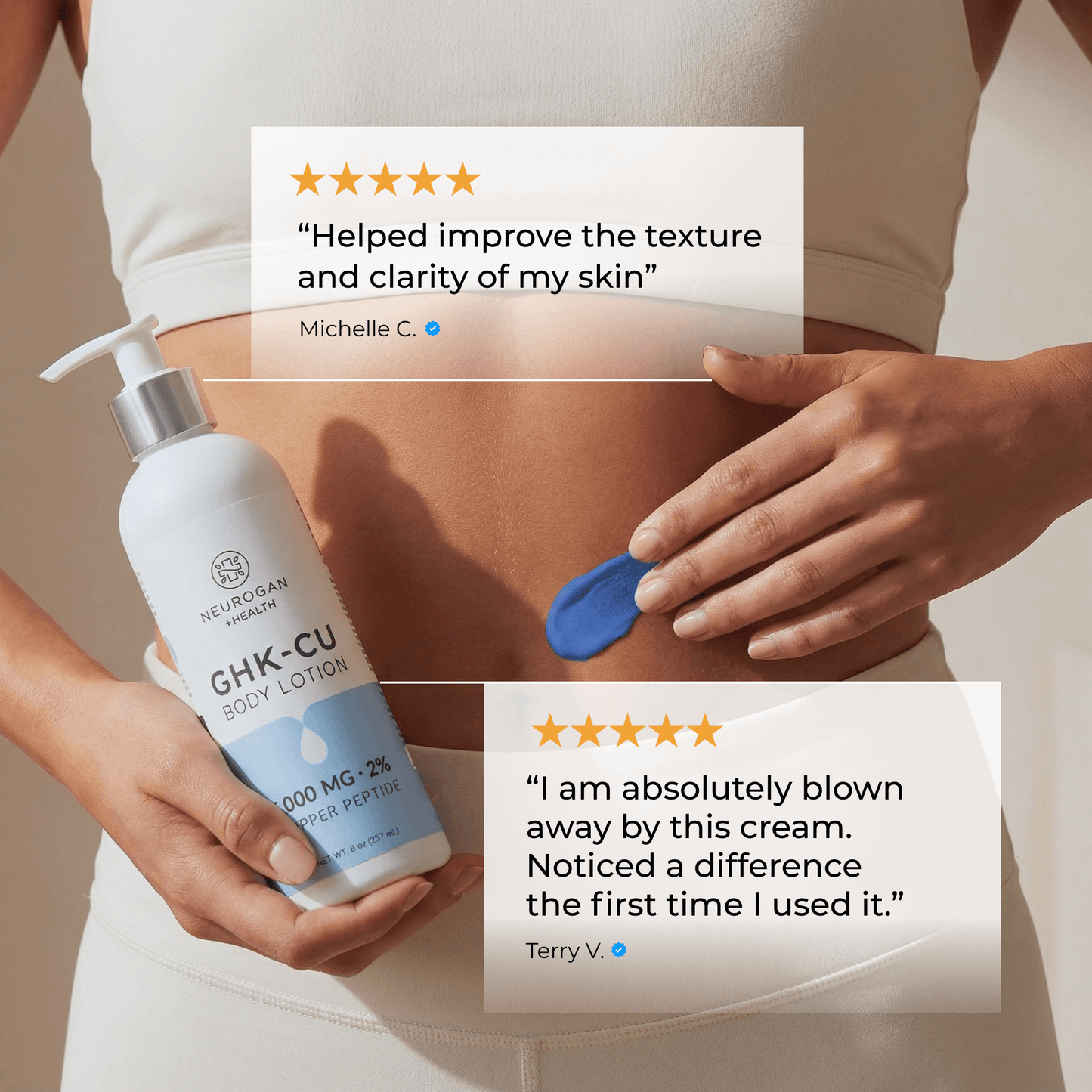 GHK-Cu body lotion bottle in hand with blue gel application on skin