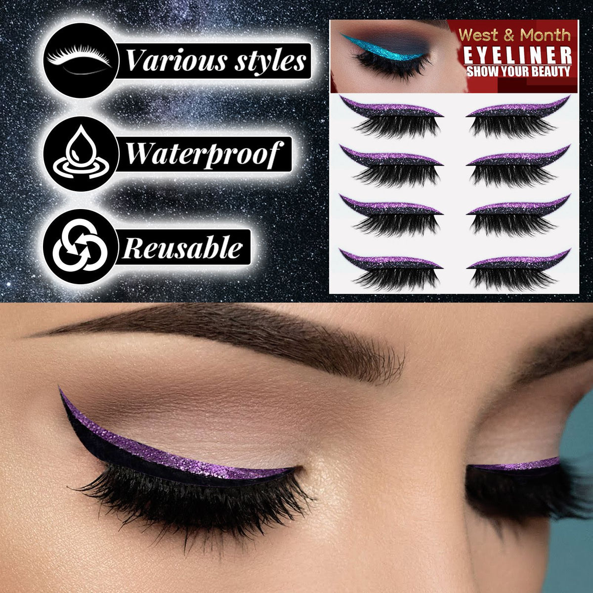 Assorted eyeliner and lash stickers with winged lash looks on eyes