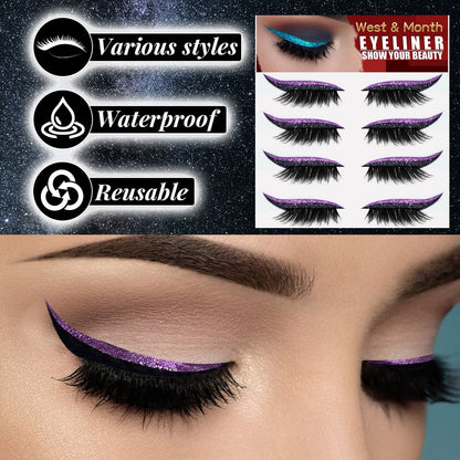 Assorted eyeliner and lash stickers with winged lash looks on eyes