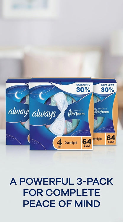 Always Infinity FlexFoam Overnight Pads with Wings, Unscented, Size 4, 64 ct.