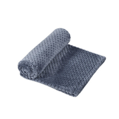 Dog fleece blanket, rolled blue-gray textured fabric