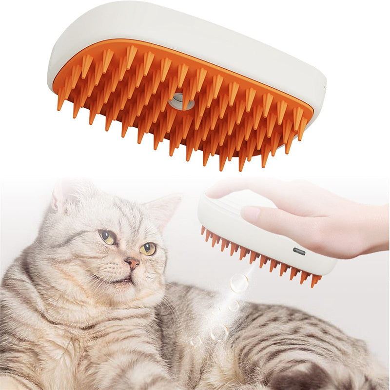 Handheld pet grooming steam brush with orange bristles and white rounded body