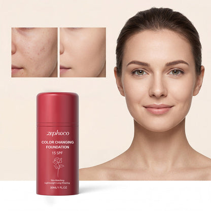 Zephoco color-changing sunscreen foundation bottle with 15 SPF; skin tone swatches