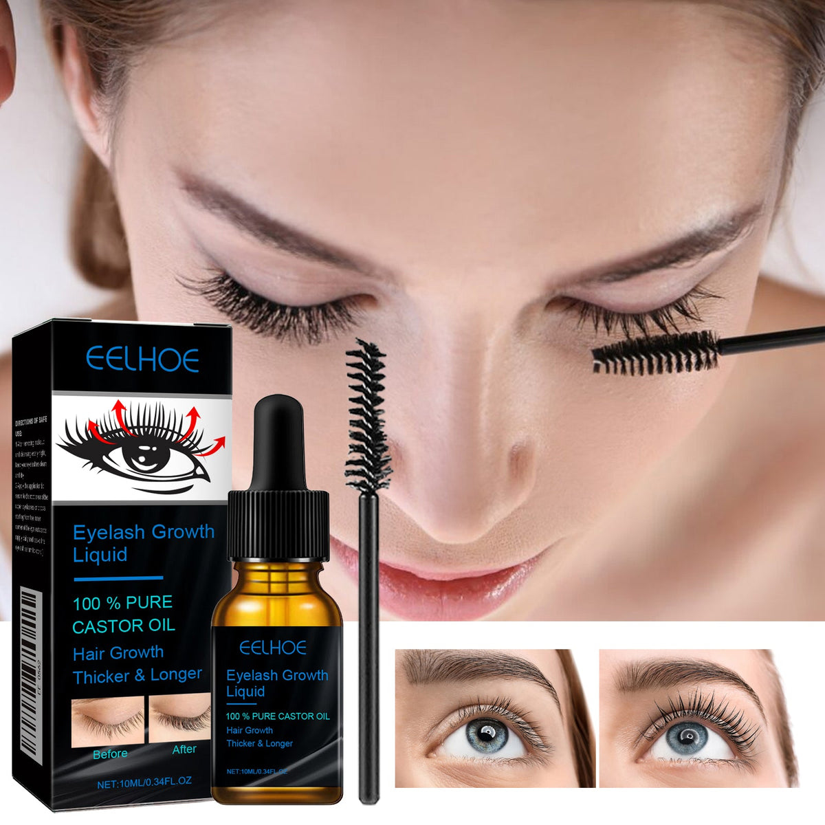 Eyelash serum bottle with brush applicator and boxed product packaging