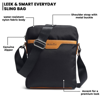 Black sling messenger bag with tan trim, genuine zipper, metal buckle, and shoulder strap