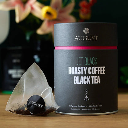 AUGUST Jet Black roasty coffee black tea tin with pyramid tea bag