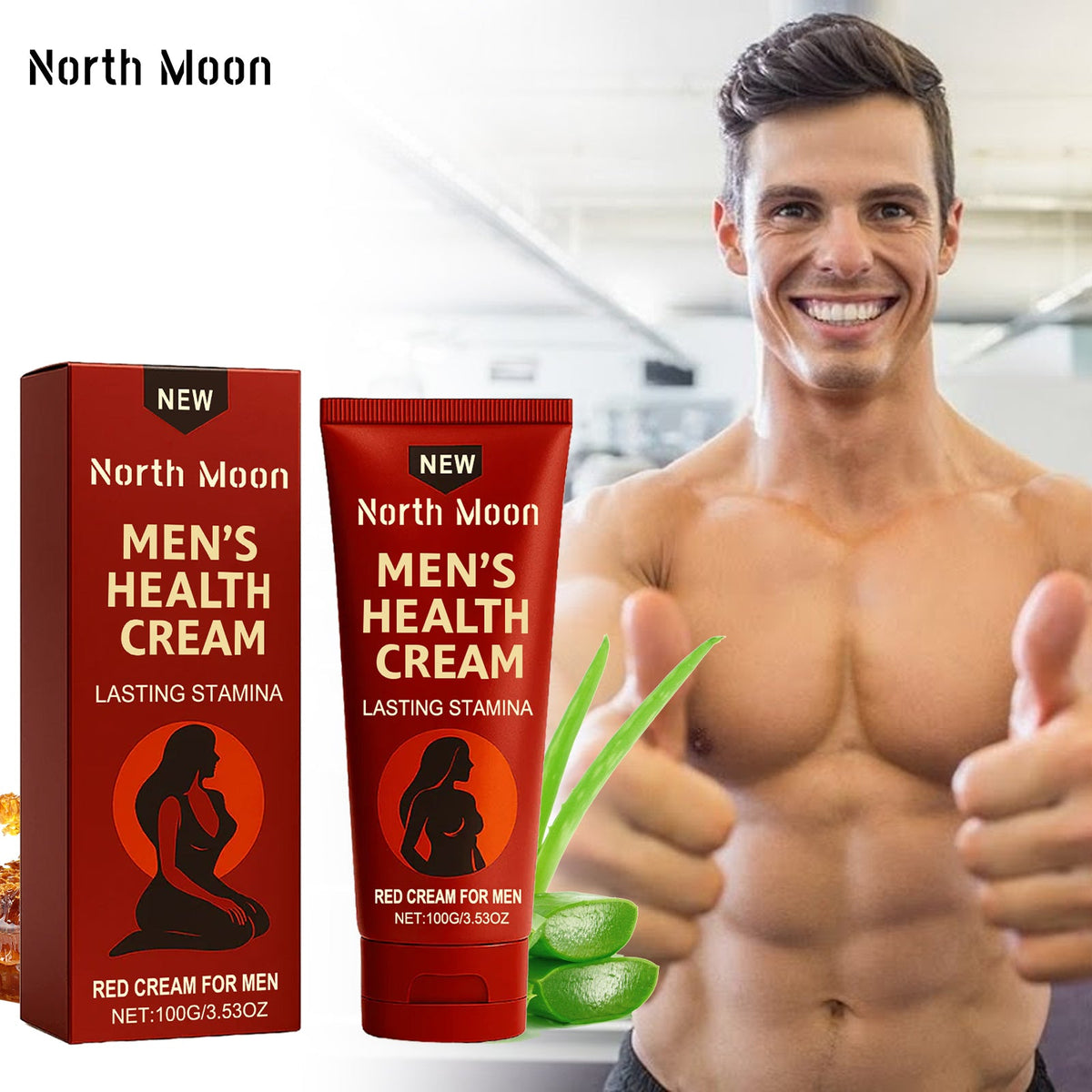 North Moon Men's Health Cream red squeeze tube beside red box