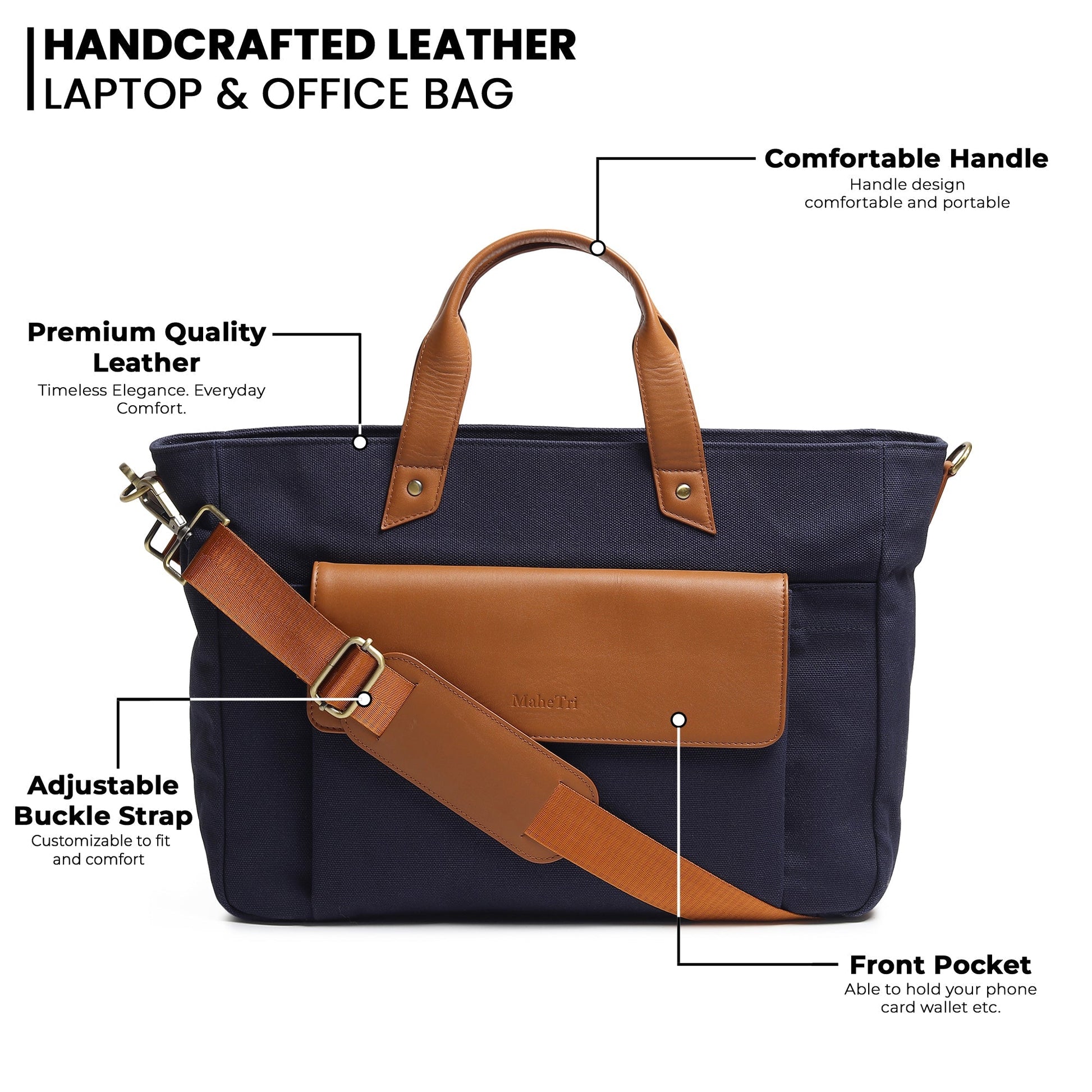 Dark blue canvas leather briefcase with tan handles, front pocket, adjustable crossbody strap