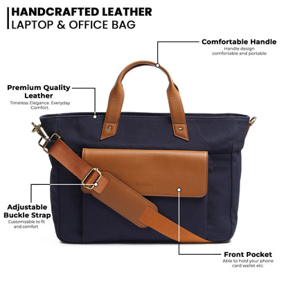 Dark blue canvas leather briefcase with tan handles, front pocket, adjustable crossbody strap
