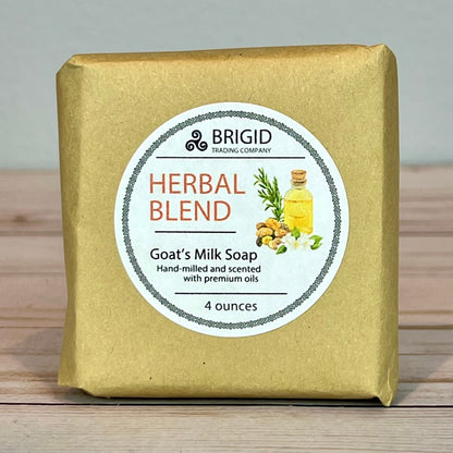 Herbal blend goat milk soap bar in yellow kraft box, 4 oz