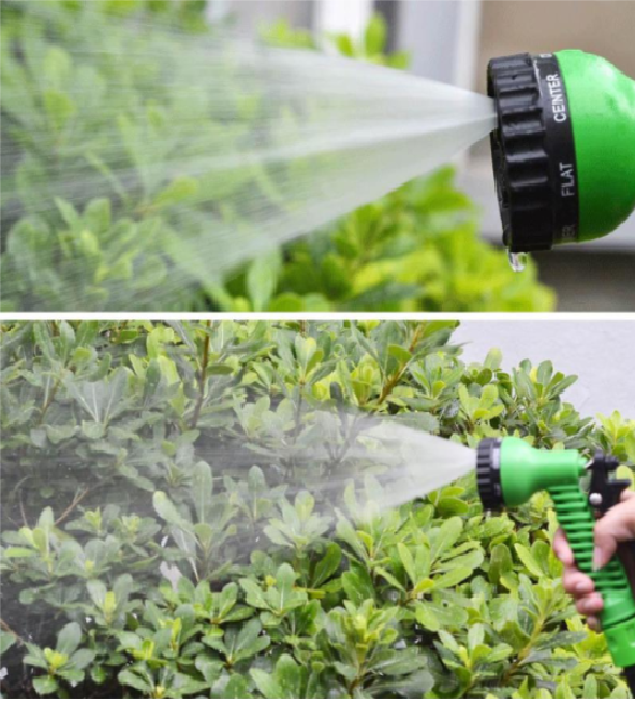 Blue flexible garden hose spraying a fine mist from the nozzle