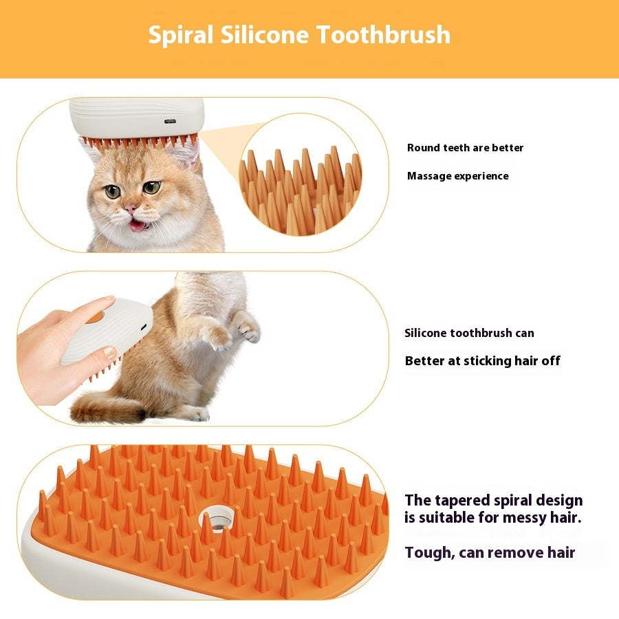 Pet steam brush with orange silicone bristle surface and white compact handle