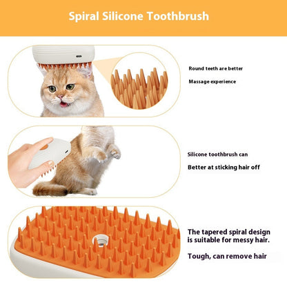 Pet steam brush with orange silicone bristle surface and white compact handle