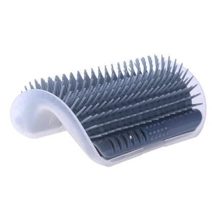 Cat self-groomer corner brush with gray-blue bristles and pale blue base