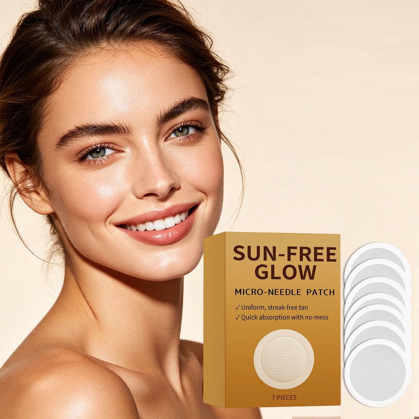 Micro-needle tanning patch set showing SUN-FREE GLOW box and circular tan patch pads