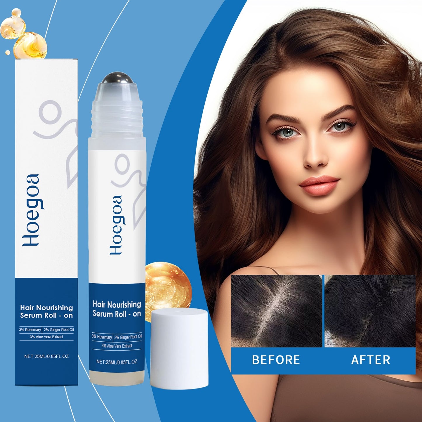 Hair growth roll-on serum bottle with white box and before/after hair results