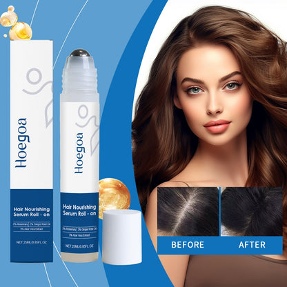 Hair growth roll-on serum bottle with white box and before/after hair results
