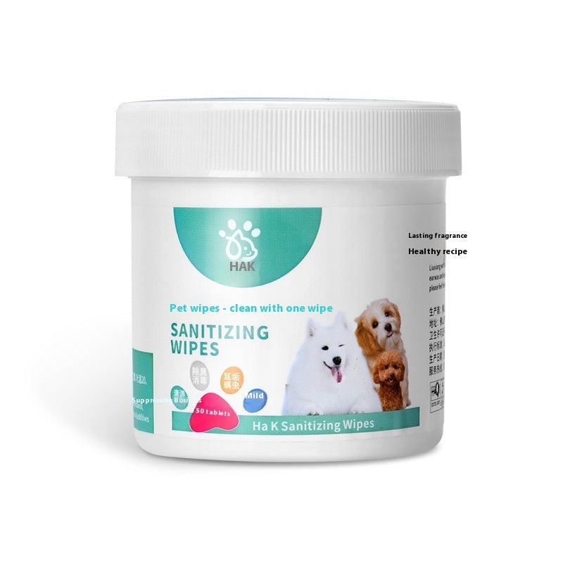 Pet sanitizing wipes jar in white with teal front label and two-dog graphic