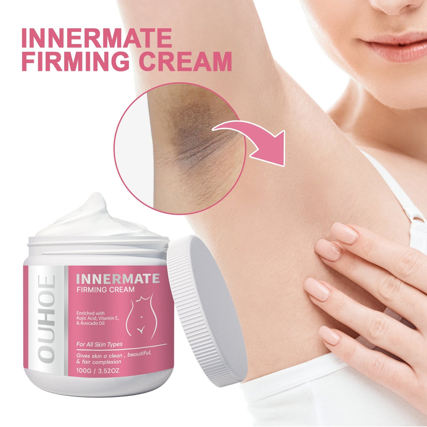 Brightening cream jar with pink label while model smooths cream on shoulder