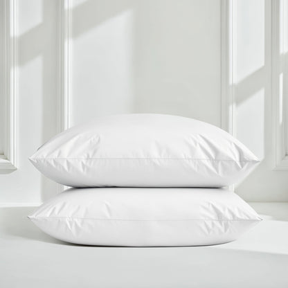 White sateen pillowcase set with two stacked pillows and smooth finish