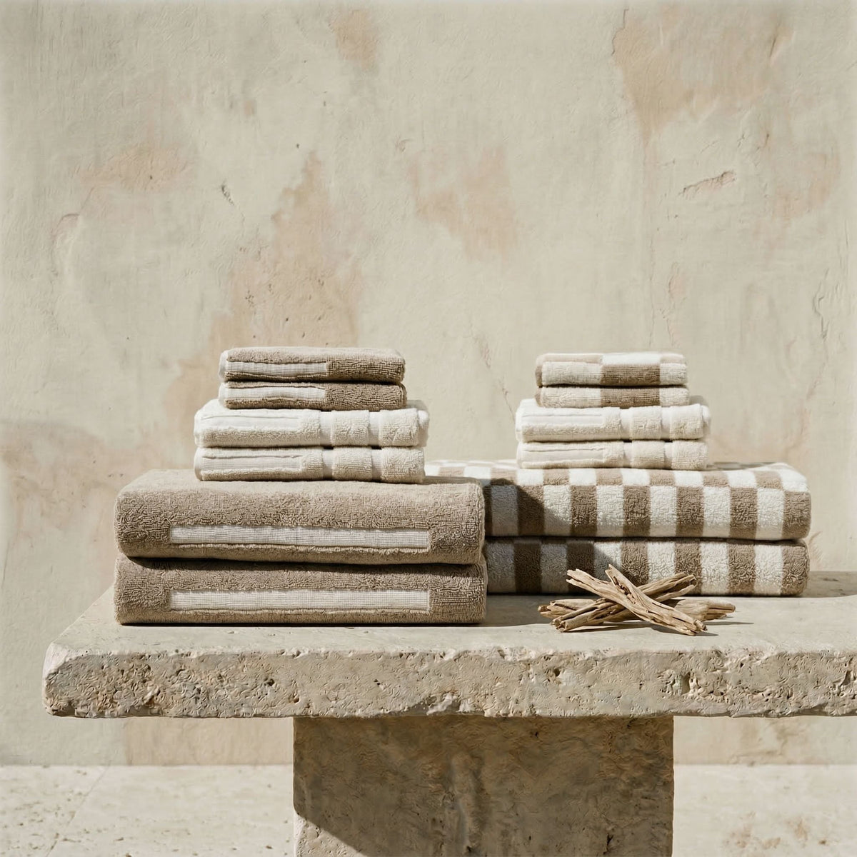 Striped cotton towels set in tan and ecru, folded hand towels and bath sheets.