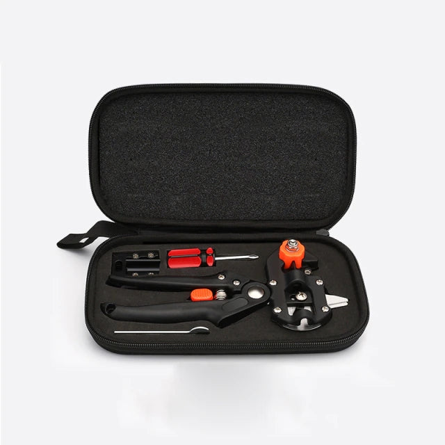 Black zippered case with grafting pruning tools and orange-handled components