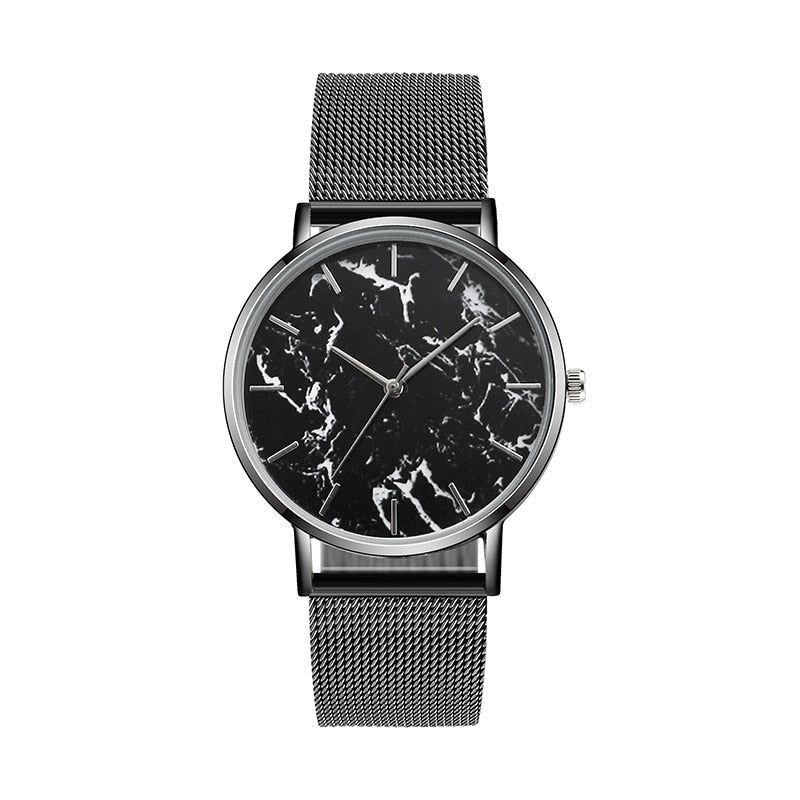 Women’s black mesh band quartz watch with dark marble-pattern dial and light hands
