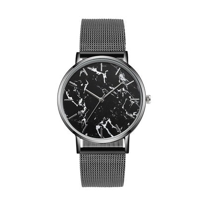 Women’s black mesh band quartz watch with dark marble-pattern dial and light hands