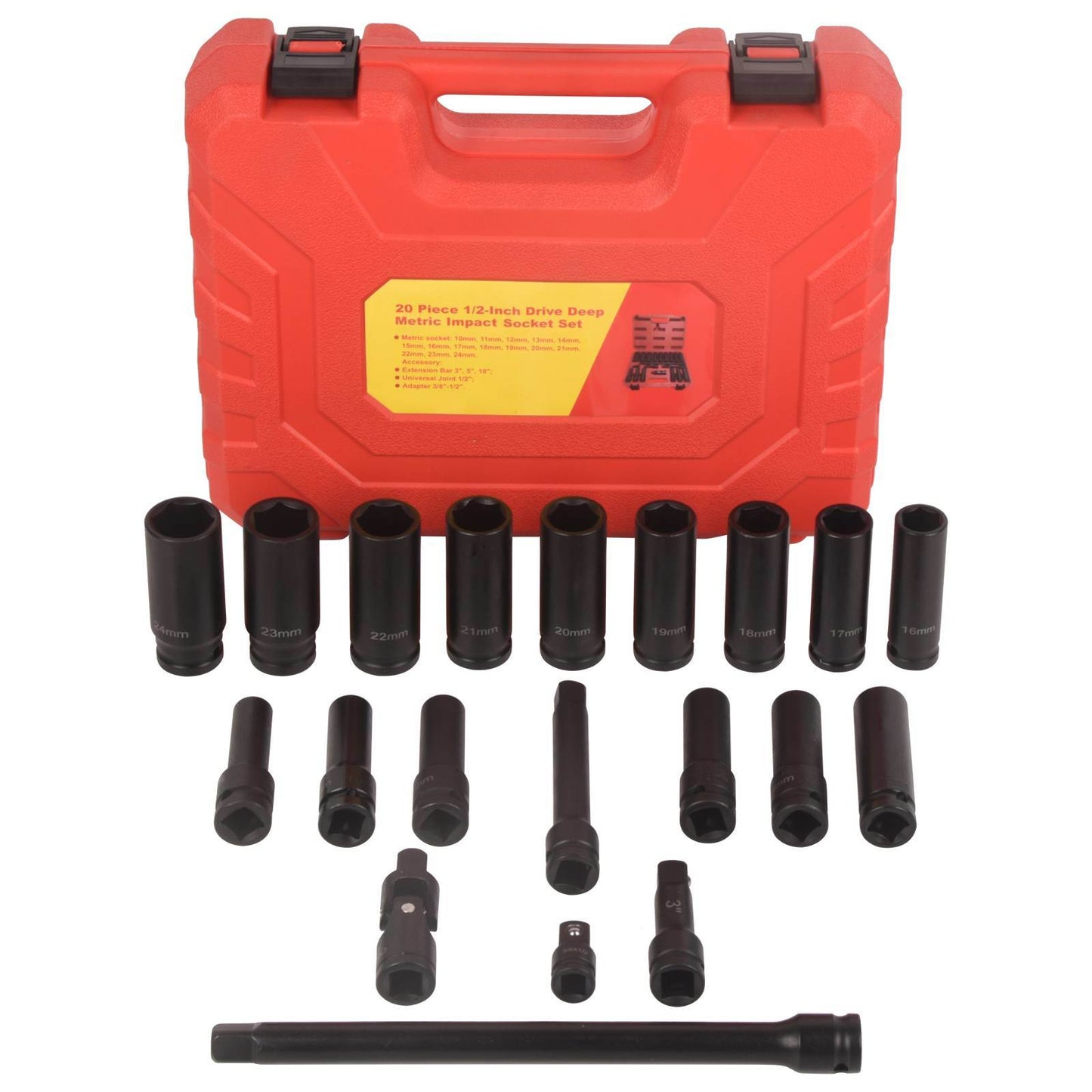 1/2" Drive Deep Impact Socket Set, 20Pcs Socket Set, 3',5',10' Extension Bars,3/8" to 1/2" Universal Joint, for use in all types of automotive or mechanical equipment - Renee Lane Company