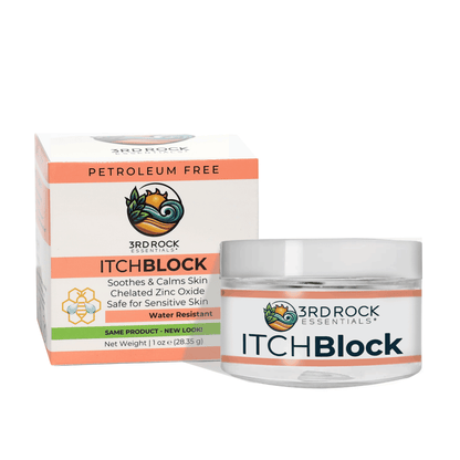 Itch relief cream jar and box with soothing chelated zinc oxide