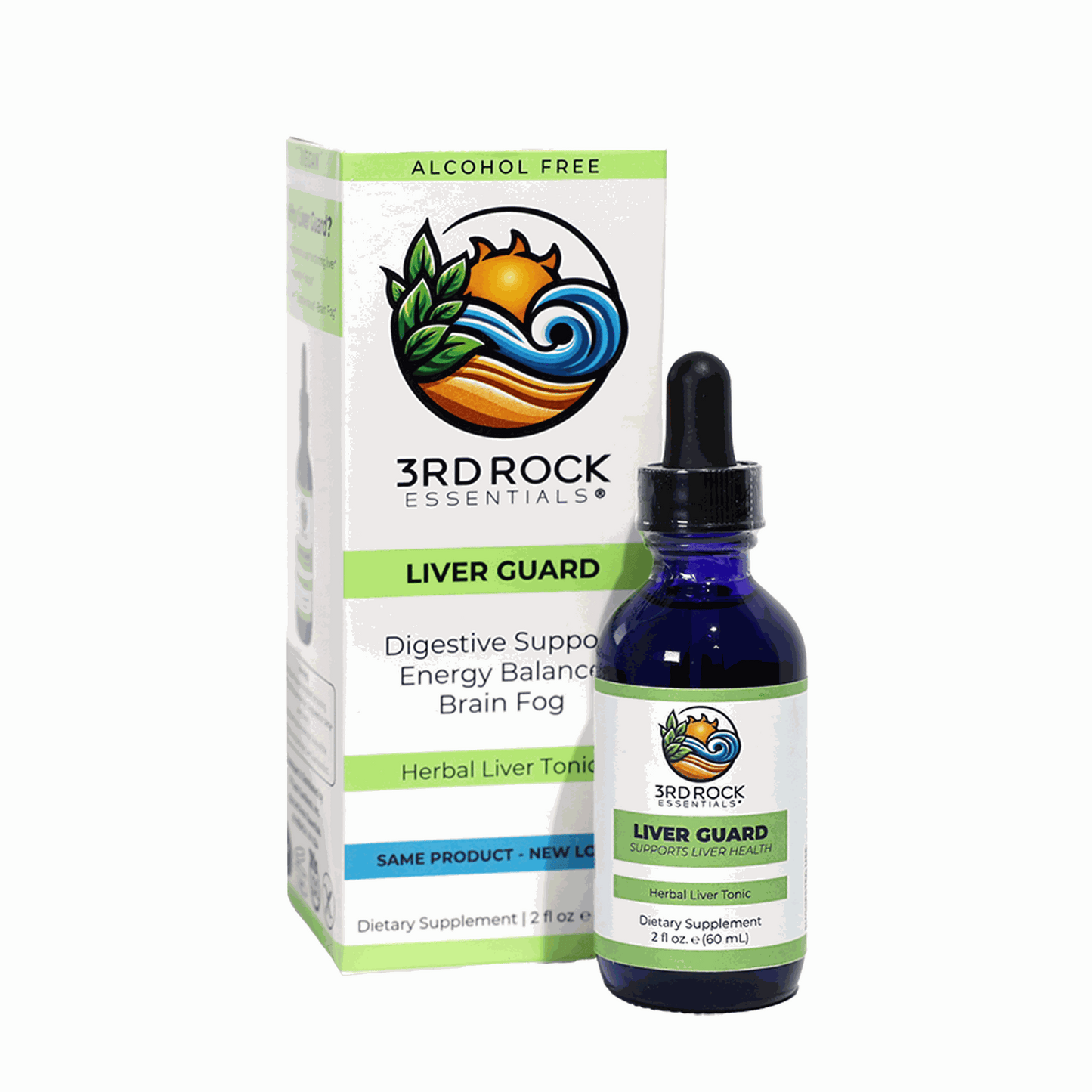 Liver Guard supplement bottle and box, dark blue glass with green label