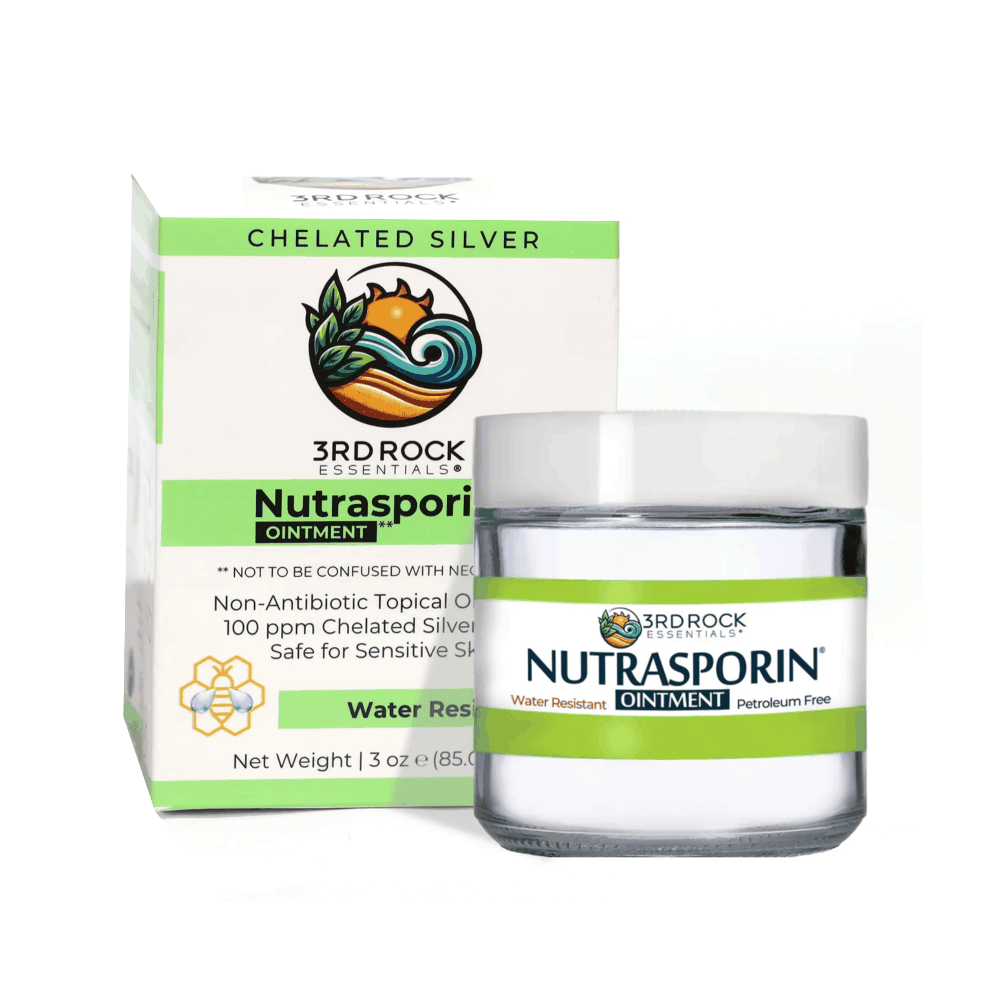 Nutrasporin ointment jar and box, green-banded Water Resistant label