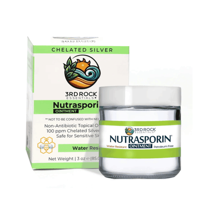 Nutrasporin ointment jar and box, green-banded Water Resistant label