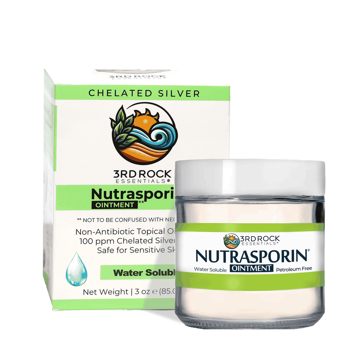 Nutrasporin chelated silver ointment jar with green-striped box, silver gel formula