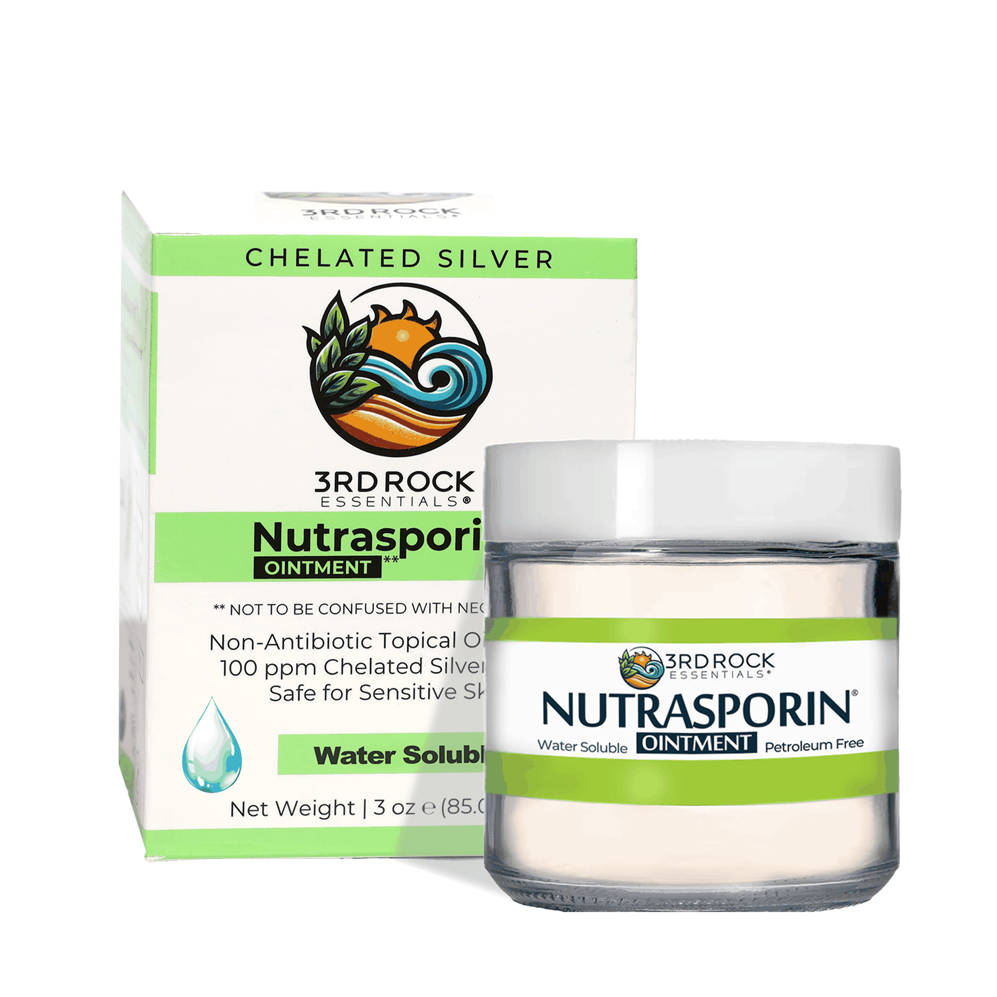 Nutrasporin chelated silver ointment jar with green-striped box, silver gel formula