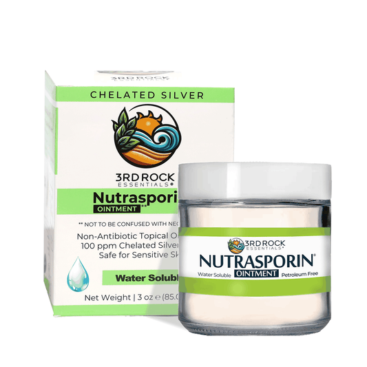 Nutrasporin chelated silver ointment jar with green-striped box, silver gel formula