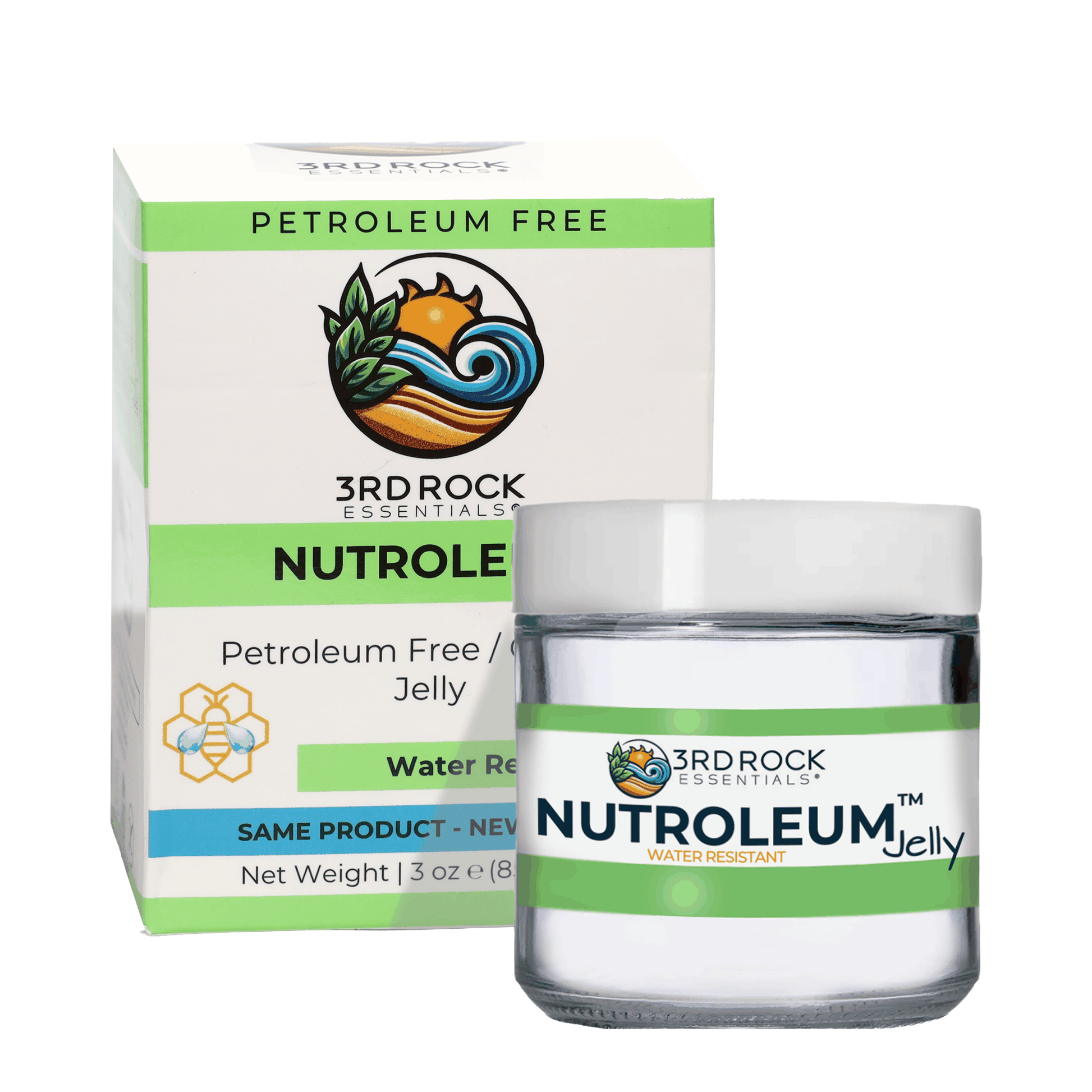Skin balm jar with carton packaging, white lid and green label band