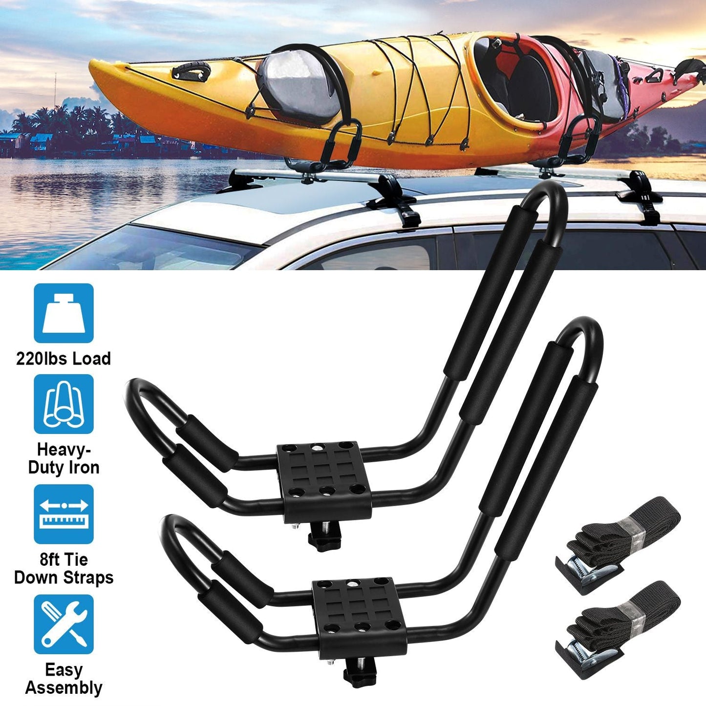 1 Pair Universal J-Bar Kayak Carrier 220LBS Load Heavy Duty Canoe Car Top Mount Carrier Roof Rack with 2Pcs Tie Down Straps - Renee Lane Company
