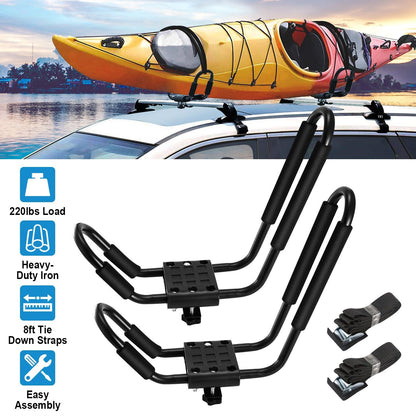 1 Pair Universal J-Bar Kayak Carrier 220LBS Load Heavy Duty Canoe Car Top Mount Carrier Roof Rack with 2Pcs Tie Down Straps - Renee Lane Company